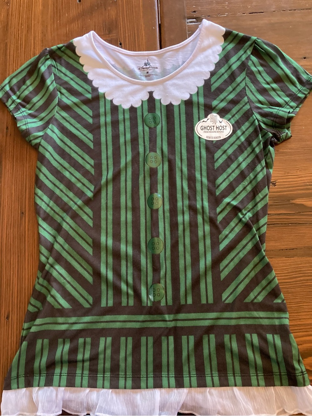 Disney Green and Black Striped Womens Tee Ghost Host with White Scallop Collar